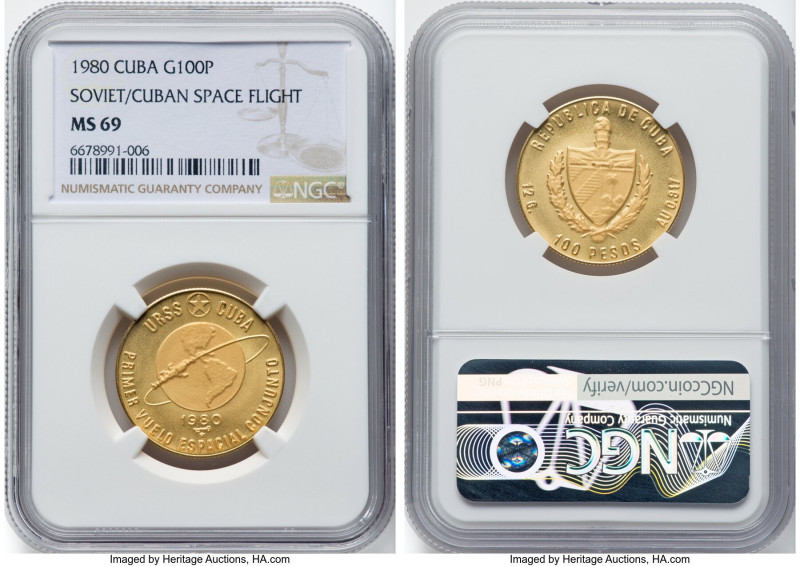 Republic gold "Soviet/Cuban Space Flight" 100 Pesos 1980 MS69 NGC, KM52. Featuri...