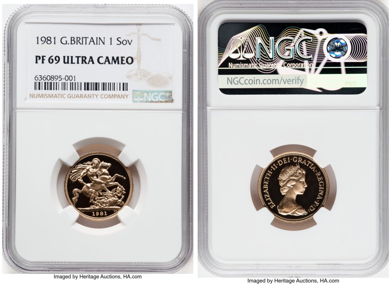 Elizabeth II gold Proof Sovereign 1981 PR69 Ultra Cameo NGC, KM919. Mintage: 5,4...