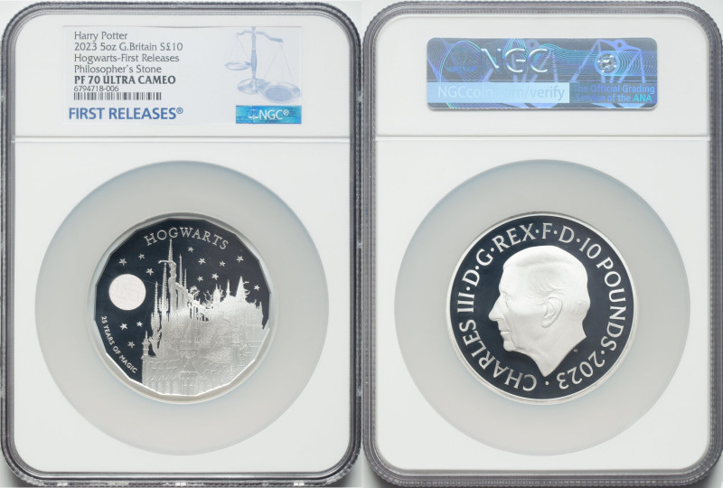 Charles III silver Proof "Hogwarts" 10 Pounds (5 oz) 2023 PR70 Ultra Cameo NGC, ...