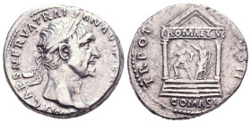 TRAJAN. 98-117 AD. AR Cistophoric Tetradrachm. Struck 98-99 AD. Laureate head right / Temple of two columns, within stands Augustus being crowned by R...