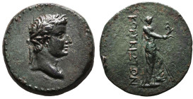 CILICIA, Corycus. Augustus(?). 27 BC-AD 14. Æ. Laureate head right / KORUKIWTWN, Aphrodite Euploia standing right, left foot on prow of galley, holdin...