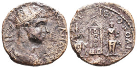SYRIA, Cyrrhestica. Hierapolis. Severus Alexander. AD 222-235. Æ. Radiate, draped, and cuirassed bust right / Signum set within aediculum; on either s...