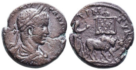 Caracalla. of TYRE in Phoenicia. Laureate, draped and cuirassed bust r. Rv. Plowing scene, standard behind inscribed LEG/III/GAL; [SEP]TIM TVR[O C]OLO...