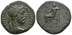 Marcus Aurelius Æ Sestertius. Rome, AD 174-175. M ANTONINVS AVG TR P XXVIII, laureate head right / IMP VI COS III, Jupiter seated left, holding Victor...