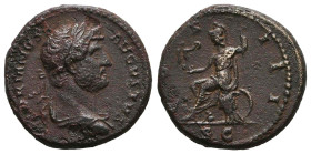 Hadrian AD 117-138. Rome Quadrans Ae. HADRIANVS AVGVSTVS, laureate, and draped bust right / COS III, Roma, helmeted and wearing long dress, seated lef...