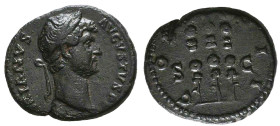 Hadrian AD 117-138. Rome Quadrans Ae. [HAD]RIANVS AVGV[STVS P P], laureate head right / COS [III?], three standards, S C across fields. RIC 977. Condi...