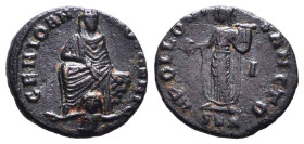 Anonymous Pagan Issues. Ca. A.D. 305-313. Æ. Antioch mint. GENIO ANTIOCHENI, Tyche of Antioch seated facing on rocks, holding ears of grain; river god...