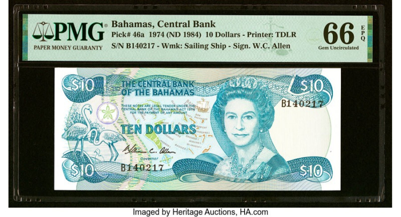 Bahamas Central Bank 10 Dollars 1974 (ND 1984) Pick 46a PMG Gem Uncirculated 66 ...