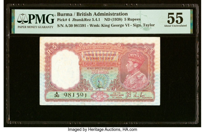 Burma Reserve Bank of India 5 Rupees ND (1938) Pick 4 Jhun5.4.1 PMG About Uncirc...