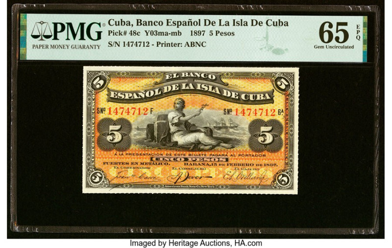 Cuba Banco Espanol De La Isla De Cuba 5 Pesos 15.2.1897 Pick 48c PMG Gem Uncircu...