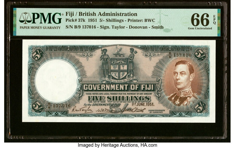 Fiji Government of Fiji 5 Shillings 1.6.1951 Pick 37k PMG Gem Uncirculated 66 EP...