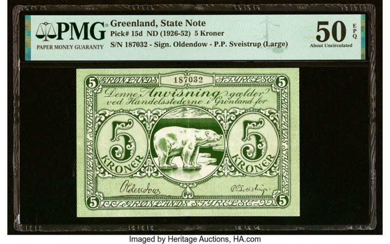 Greenland State Note 5 Kroner ND (1926-52) Pick 15d PMG About Uncirculated 50 EP...