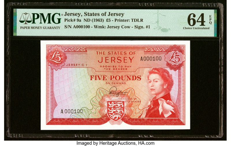 Serial Number 100 Jersey States of Jersey 5 Pounds ND (1963) Pick 9a PMG Choice ...