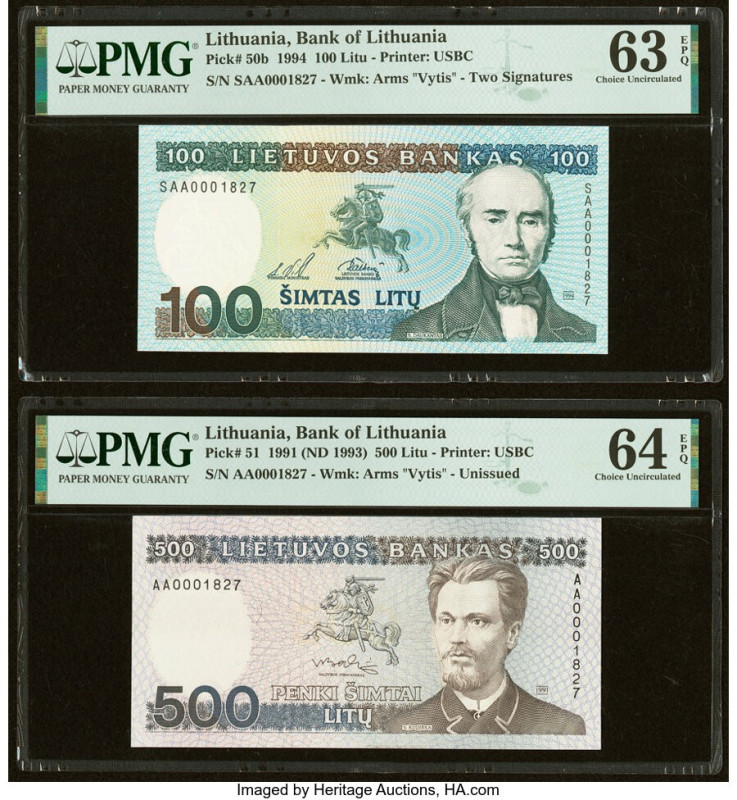 Matching Serial Numbers 1827 Lithuania Bank of Lithuania 100; 500 Litu 1994; 199...