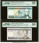 Matching Serial Numbers 1827 Lithuania Bank of Lithuania 100; 500 Litu 1994; 1991 (ND 1993) Pick 50b; 51 Two Examples PMG Choice Uncirculated 63 EPQ; ...