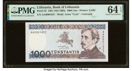 Serial Number 1827 Lithuania Bank of Lithuania 1000 Litu 1991 (ND 1993) Pick 52 w/ Souvenir Folder PMG Choice Uncirculated 64 EPQ. HID09801242017 © 20...