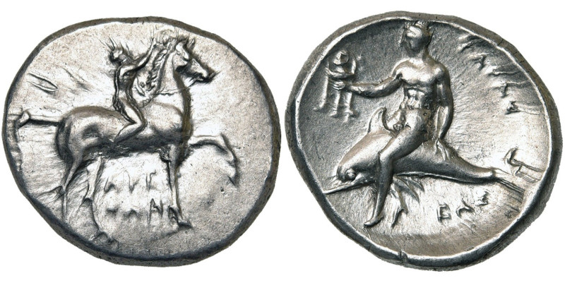 CALABRE, TARENTE, AR nomos, 302-231 av. J.-C. D/ Un jeune cavalier menant son ch...