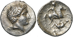 ROYAUME DE PEONIE, Patraos (340-315), AR tétradrachme. D/ T. l. d'Apollon à d. R/ Cavalier terrassant de sa lance un ennemi tombé à terre, coiffé d'un...