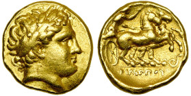 ROYAUME DE MACEDOINE, Philippe II (359-336), AV statère, 323-316 av. J.-C., Lampsaque. D/ T. l. d'Apollon à d. R/ ΦΙΛΙΠΠOY Bige au galop à d. Sous les...