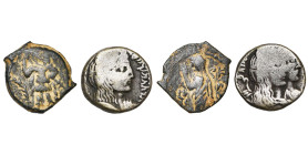 ROYAUME DE NABATEE, Aretas IV (-9-40), lot de 2 p.: bronze, Aretas deb. à g./Shuqailat deb.; demi-sheqel, T. à d./ B. accolés à d. Meshorer 97 et 102....