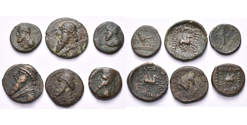 ROYAUME PARTHE, Mithradates II (123-88), lot de 6 bronzes: chalque, Rhagae, R/ A...