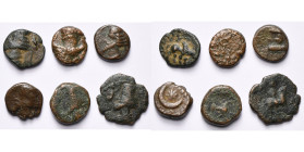 ROYAUME PARTHE, Phraates IV (38-2), lot de 6 chalques frappés à Ecbatane: R/ Boeuf, Caducée ailé, Grappe de raisins entre deux épis, Etoile et croissa...