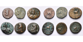 ROYAUME PARTHE, lot de 6 bronzes: Orodes Ier, chalque, Suse, R/ T. de cheval; dichalque, Rhagae, R/ Pégase; Phraates III, tétrachalque, Rhagae, R/ Che...