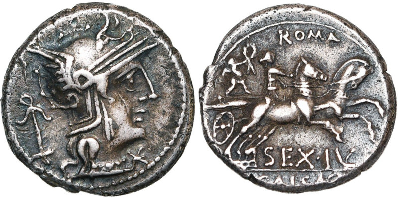 Sex. Iulius Caesar, AR denier, 129 av. J.-C., Rome. D/ T. casquée de Roma à d. D...