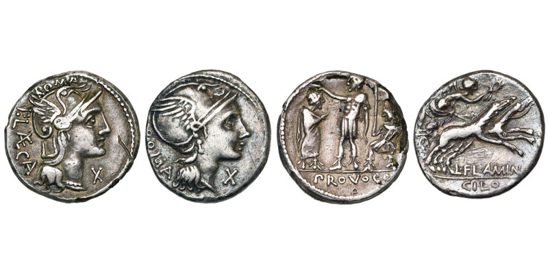 lot de 2 deniers, Rome: P. Porcius Laeca, 110-109 av. J.-C., D/ T. casquée de Ro...