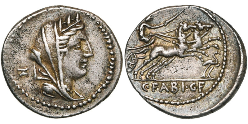 C. Fabius Hadrianus, AR denier, 102 av. J.-C., Rome. D/ B. tourelé et voilé de C...