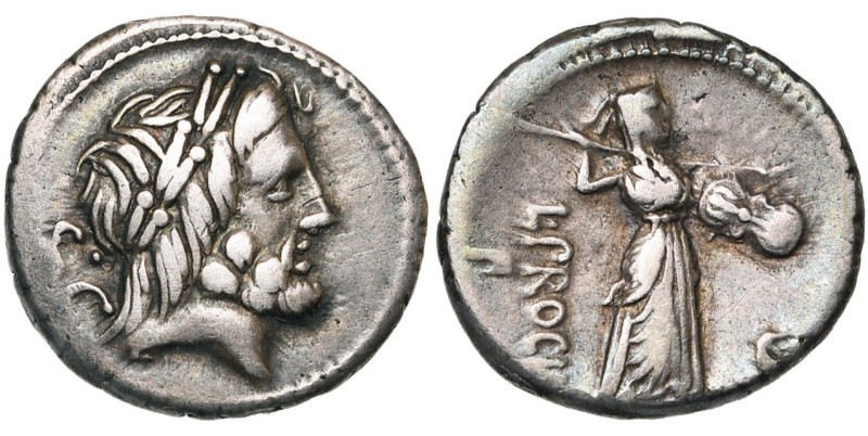 L. Procilius, AR denier, 80 av. J.-C., Rome. D/ T. l. de Zeus à d. A g., S·C. R/...