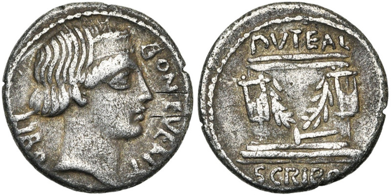 L. Scribonius Libo, AR denier, 62 av. J.-C., Rome. D/ T. diad. de Bonus Eventus ...