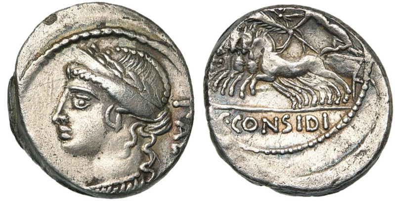 C. Considius Paetus, AR denier, 46 av. J.-C., Rome. D/ T. l. de Vénus à g., Derr...