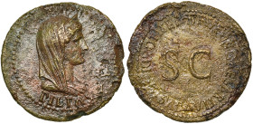 DRUSUS (†23), fils de Tibère, AE dupondius, 21-22, Rome. D/ B. diad., dr. et voilé de Pietas à d. En dessous, PIETAS. R/ DRVSVS CAESAR TI AVGVSTI F TR...