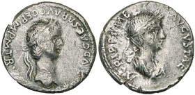 CLAUDE (41-54), AR denier, 50-54, Rome. D/ TI CLAVD CAESAR AVG GERM P M TRIB POT P P T. l. à d. R/ AGRIPPINAE AVGVSTAE B. l., dr. d'Agrippine la Jeune...