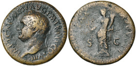 TITUS Auguste (79-81), AE sesterce, 80-81, Rome. D/ IMP T CAES VESP AVG P M TR P P P COS VIII T. l. à g. R/ PAX- AVGVSTI/ S-C Pax deb. à g., ten. une ...