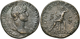 HADRIEN (117-138), AE sesterce, 119-120, Rome. D/ IMP CAESAR TRAIANVS HADRIANVS AVG T. l. à d., l'épaule g. dr. R/ PONT MAX TR POT COS III/ S-C/ SECVR...