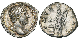 HADRIEN (117-138), AR denier, 121-123, Rome. D/ IMP CAESAR TRAIAN H-ADRIANVS AVG T. l. à d., l'épaule g. dr. R/ PM TR P- COS III Genius deb. à g., sac...