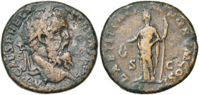 PERTINAX (193), AE sesterce, Rome. D/ IMP CAES P HELV- PERTINAX AVG T. l. à d. R/ LAETITIA DEORVM COS II/ S-C Laetitia deb. à g., ten. une couronne et...