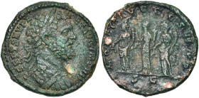 SEPTIME SEVERE (193-211), AE sesterce, 194-195, Rome. D/ L SEPT SEV PE-RT AVG IMP IIII B. l., cuir. à d. R/ MONET AVG COS II PP/ SC Les trois Monetae ...