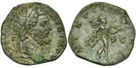 SEPTIME SEVERE (193-211), AE sesterce, 195, Rome. D/ L SEPT SEV PERT AVG IMP V T. l. à d. R/ P M TR P III COS II P P/ S-C Mars marchant à d., ten. une...