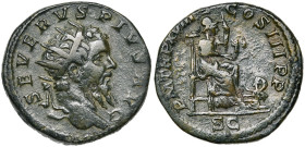 SEPTIME SEVERE (193-211), AE dupondius, 210, Rome. D/ SEVERVS- PIVS AVG T. r. à d. R/ PM TR P XVIII COS III PP/ SC Roma assise à d. sur un trône, ten....