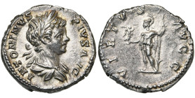 CARACALLA Auguste (198-217), AR denier, 201-206, Rome. D/ ANTONINVS- PIVS AVG B. l., dr. à d. R/ VIRTVS- AVGG Virtus deb. à g., ten. une Victoire et u...