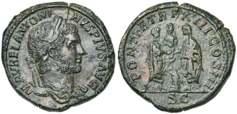 CARACALLA Auguste (198-217), AE sesterce, 210, Rome. D/ M AVREL ANTONI-NVS PIVS ...
