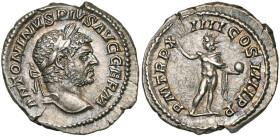CARACALLA Auguste (198-217), AR denier, 216, Rome. D/ ANTONINVS PIVS AVG GERM T. l. à d. R/ PM TR P XVIIII COS IIII PP Sol deb. de f., t. à g., levant...