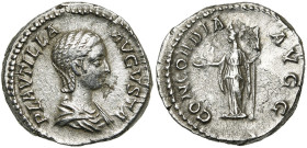PLAUTILLA, femme de Caracalla, AR denier, 202-205, Rome. D/ PLAVTILLA- AVGVSTA B. dr. à d. R/ CONCORDIA- AVGG Concordia deb. de f., t. à g., ten. une ...