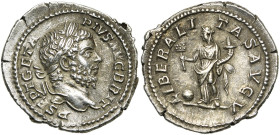 GETA Auguste (209-212), AR denier, 210-212, Rome. D/ P SEPT GETA PIVS- AVG BRIT T. l., barbue à d. R/ LIBERALITAS AVG V Liberalitas deb. à g., ten. un...