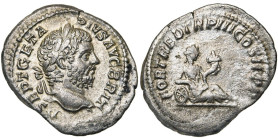 GETA Auguste (209-212), AR denier, 211, Rome. D/ P SEPT GETA- PIVS AVG BRIT T. l. à d. R/ FORT RED TR P III COS II PP Fortuna étendue à d., le bras g....