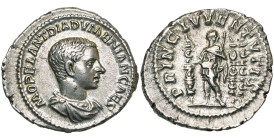 DIADUMENIEN César (217-218), AR denier, 217-218, Rome. D/ M OPEL ANT DIADVMENIAN CAES B. dr. à d. R/ PRINC IVVENTVTIS Diaduménien deb. à g., ten. une ...
