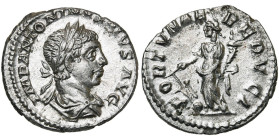 ELAGABAL (218-222), AR denier, 220-222, Rome. D/ IMP ANTONINVS PIVS AVG B. l., dr. à d. R/ FORTVNAE REDVCI Fortuna deb. à g., ten. un gouvernail posé ...